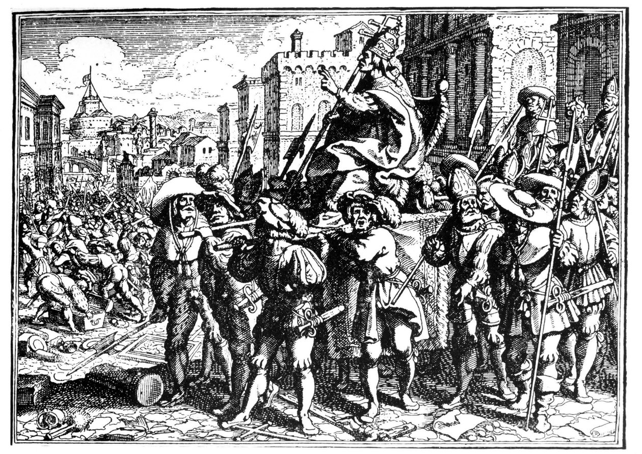 Tegneserie om pave Innocentius I under invasionen og plyndringen af Rom af Alarik I, vestgoternes konge, i 410 (Sac of Rome). Gravering - i "" The Chronicle of Goffredo"". af Unknown artist