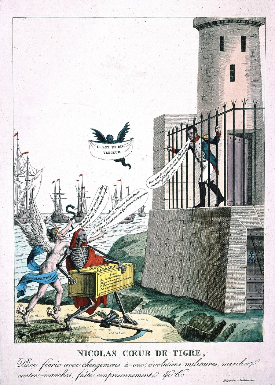 Tegneserie mod Napoleon I med personificering af ambition og død, ca. 1815 af Unknown artist