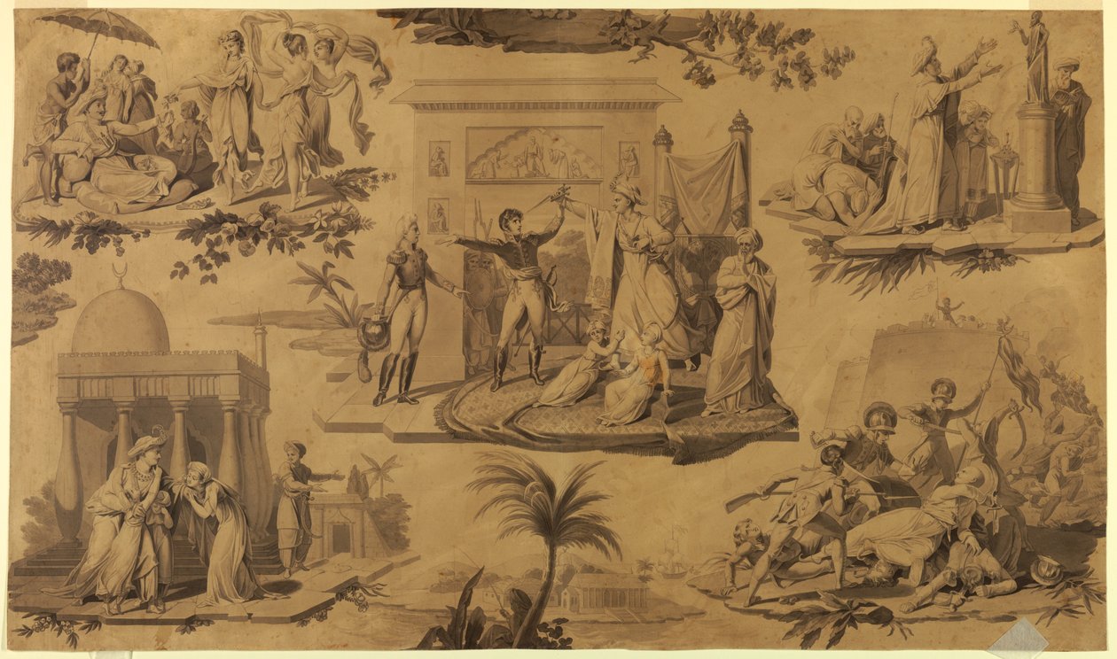 Tegneserie for trykt bomuldstekstil: Franskmændene i Egypten [Les Francais en Egypte] af Unknown artist