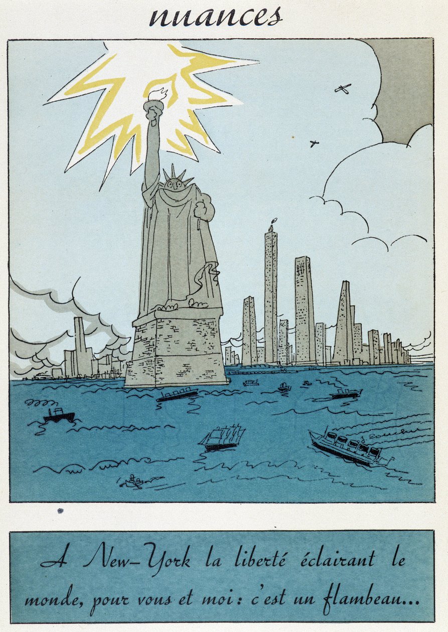 Tegneserie af Frihedsgudinden i USA: "Frihed i New York oplyser verden, for dig og jeg er det en fakkel"" af Unknown artist