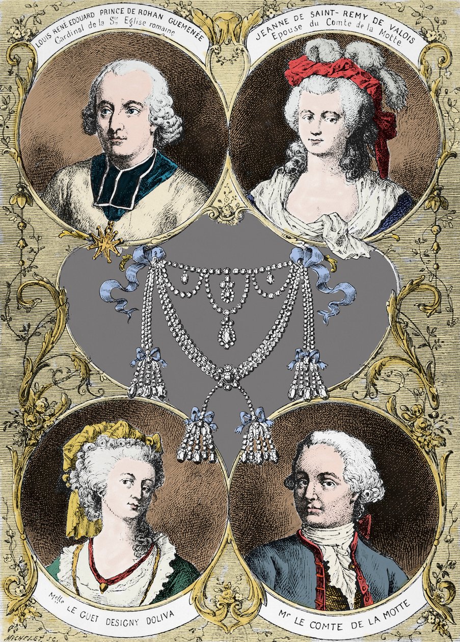 Etui af dronning Marie Antoinettes halskæde - sagens hovedpersoner: Louis Rene Edouard de Rohan (Kardinal de Rohan), Jeanne de Valois Saint Remy (Valois-Saint-Remy), Greve de la Motte og Mademoiselle Le Guet d
