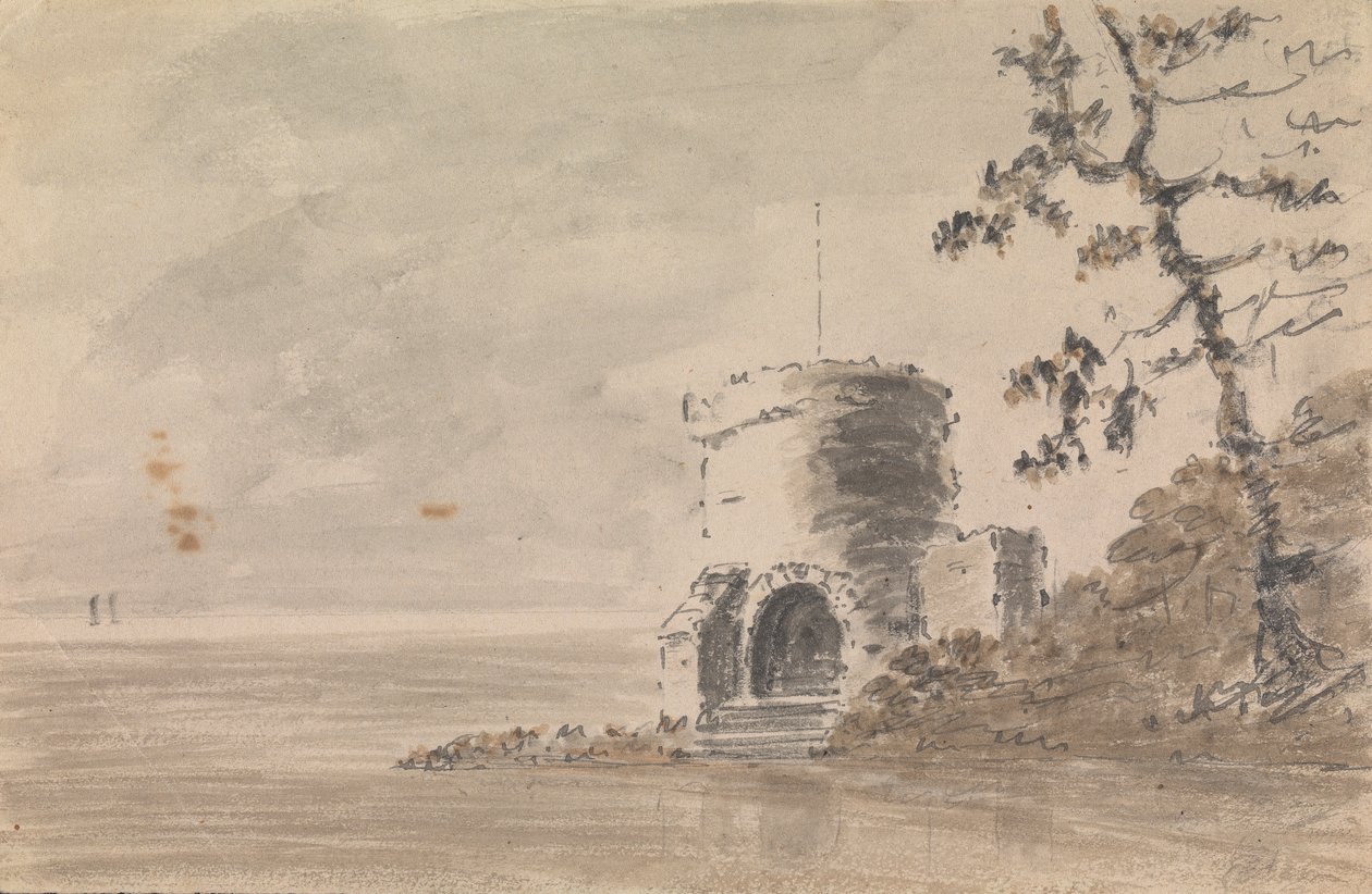 Slotsruin i landskabsscene med en sø af Unknown artist