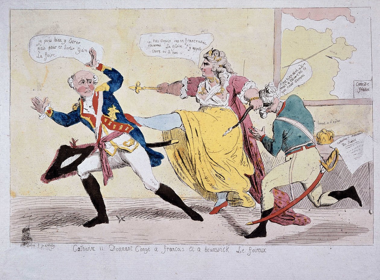 Catherine-II giver tilladelse til François og Brunswick the Foireux, karikatur, slutningen af det 18. århundrede af Unknown artist