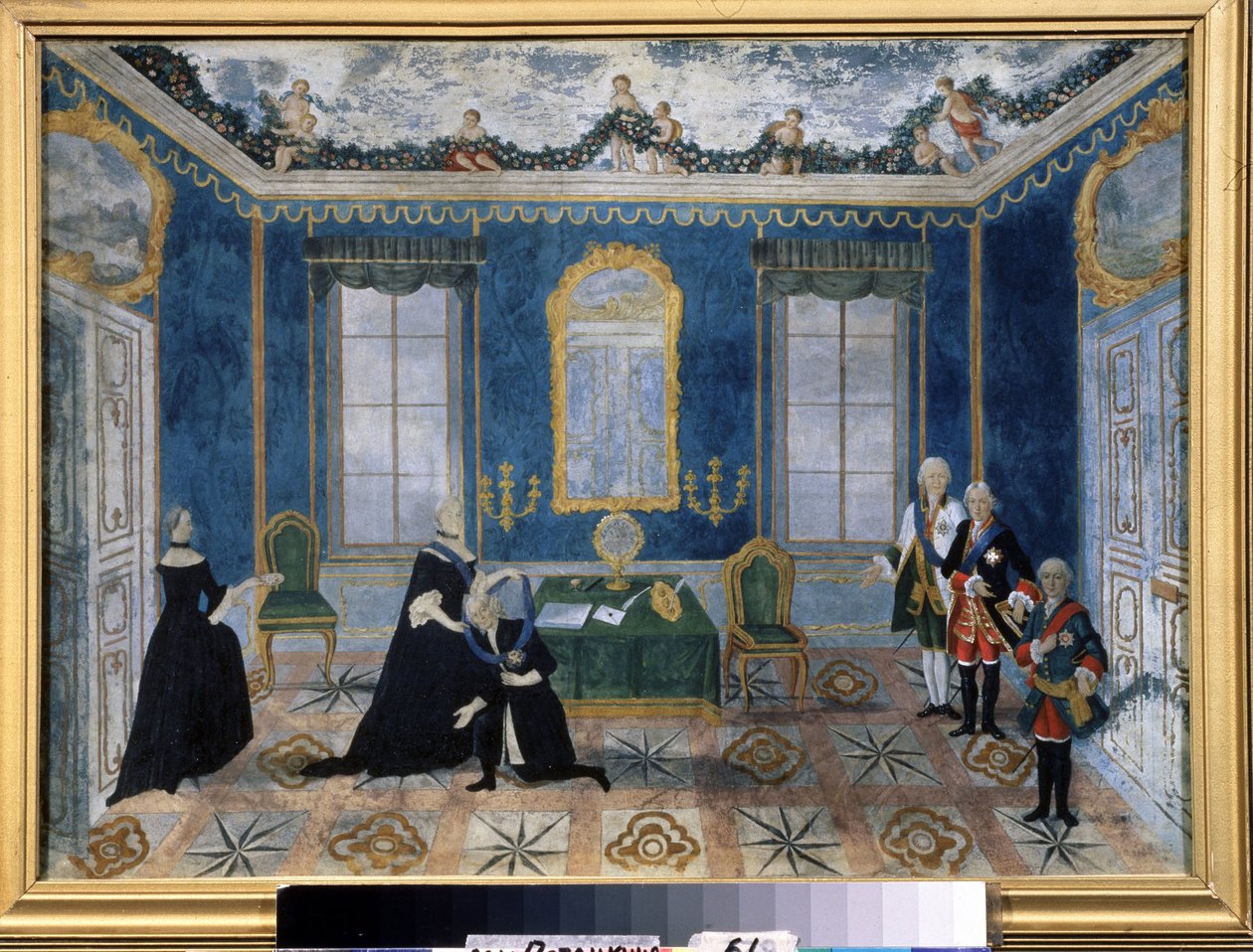 Katarina II af Rusland (1729-1796) genkalder kansler Alexey Bestoujev Rioumine (1693-1768) for retten. Anonymt maleri fra 1700-tallet, olie på lærred, anden måned af Unknown artist