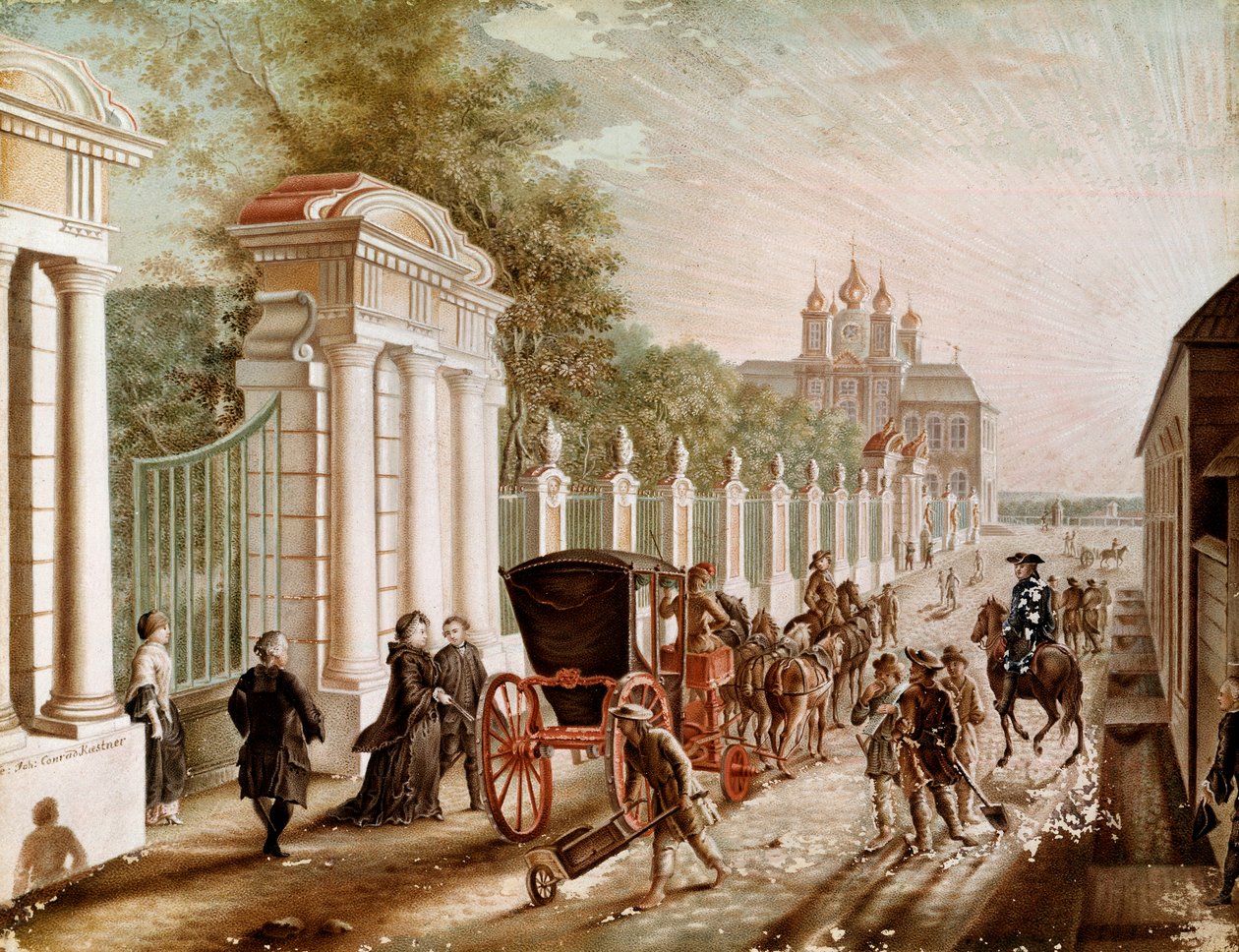 Catherine II eller Catherine Alexeievna (1729-1782) forlod Peterhof-paladset, før de blev kronet til imperator i 1762. Litografi fra slutningen af det 18. århundrede. Sankt Petersborg. Chateau De Peterhof af Unknown artist