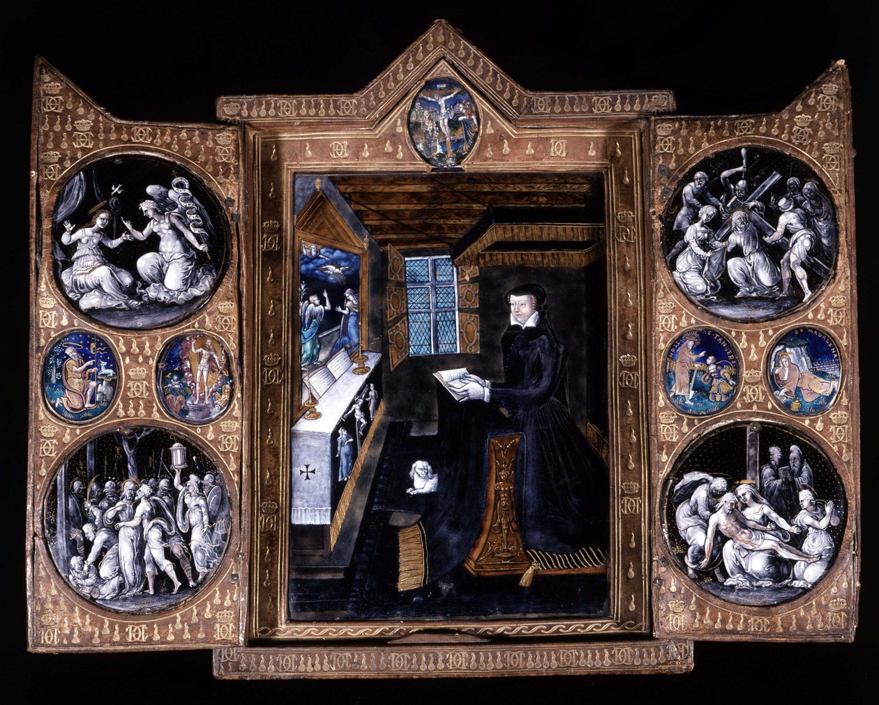 Catherine de Medicis (Caterina de Medici) (1519-1589) i bøn - triptykon e-mail og læder af Unknown artist