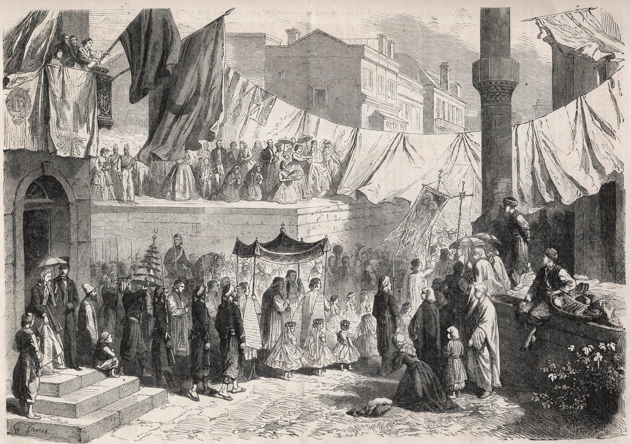 Katolsk procession i Konstantinopels gader i anledning af Fete Dieu (Fete-Dieu) - Indgravering i "" The Illustrous World"" af Unknown artist