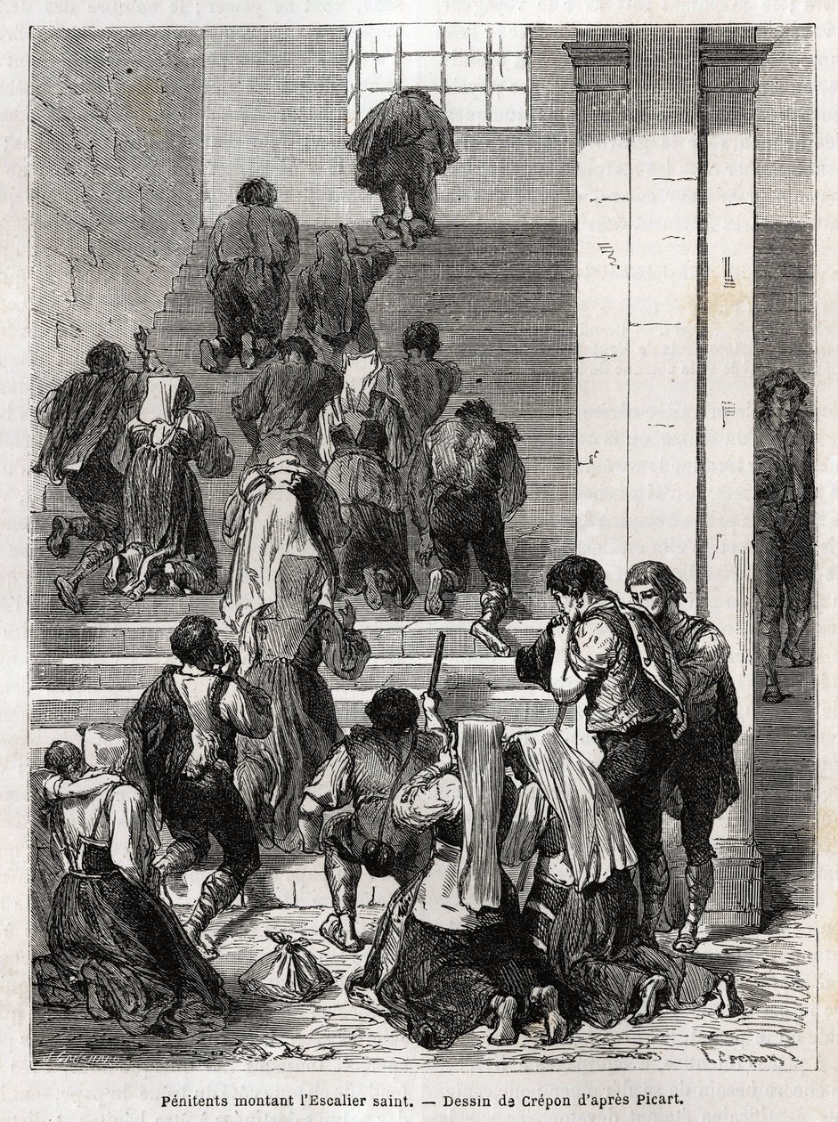 Katolske angrende går op ad den hellige trappe til Rom. Indgravering for at illustrere historien om Ludovic Celler; den hellige uge i Rom af Unknown artist