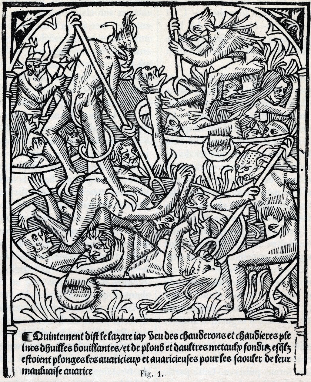 Kedler fulde af kogende olie og bly, som djævle kaster de grådige ned i for at få dem fulde med deres dårlige grådighedsbeskrivelse af helvedes Lazarus. Fac simile du "Calendrier des Bergers"" profetisk almanach trykt af Claude Nourry i 1504 for Jacques Hu af Unknown artist