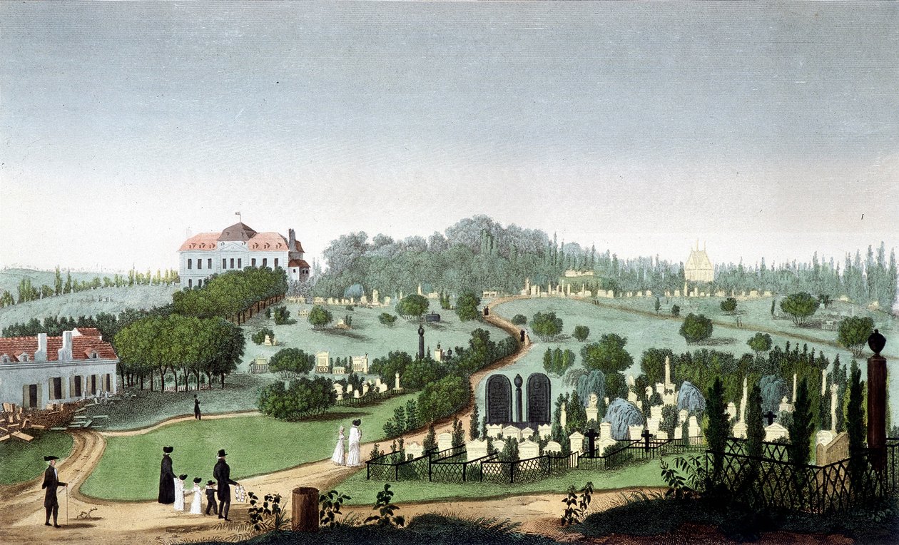 Kirkegården i Père Lachaise, omkring 1820 - i ""Views of Paris"" af Courvoisier af Unknown artist