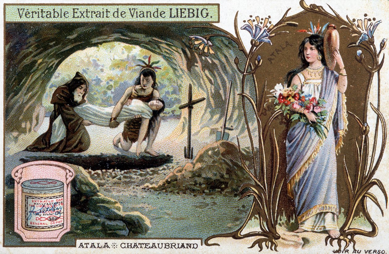 Chactas og far Aubry begraver Atala og portræt af heltinden - Scene de Atala eller Les Amours de deux savages dans le ørken, af Francois Rene de Chateaubriand (1768-1848) - Liebig kromolitografi af Unknown artist