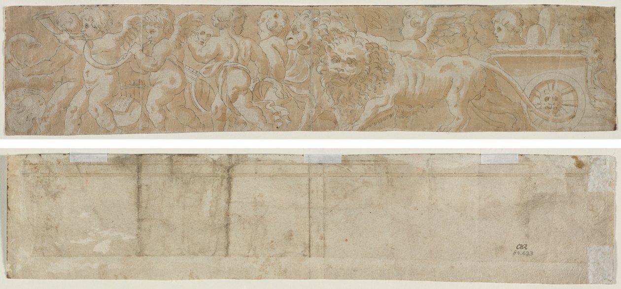 Vogn tegnet af løver med Amorini (recto) Delvis arkitektonisk undersøgelse (verso) af Unknown artist