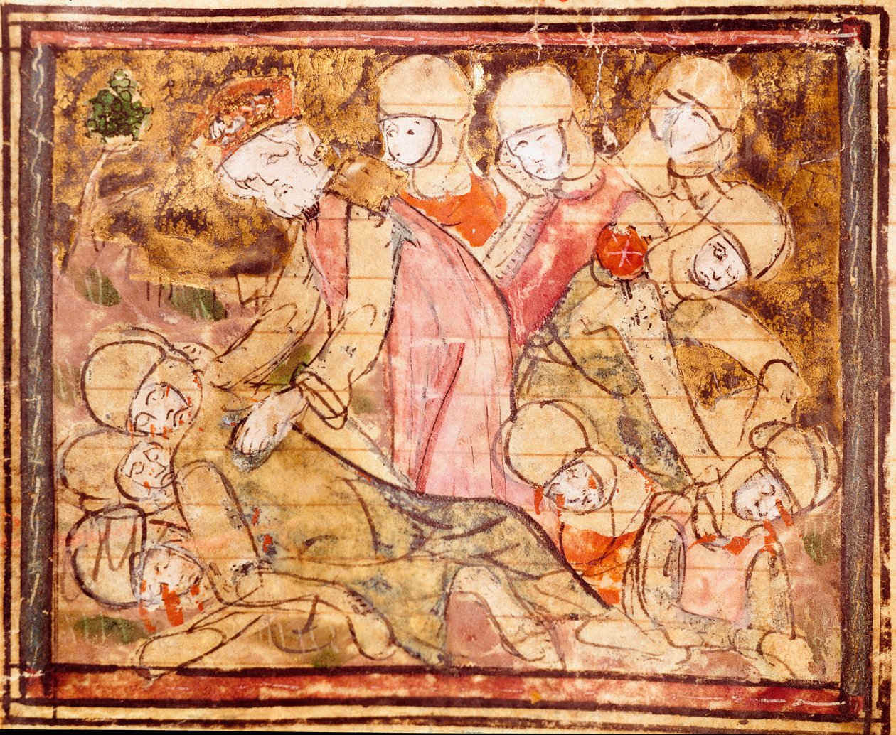 Charlemagne (742-814) finder liget af sin nevø Roland, der døde i slaget ved Roncesvaux Miniature fra "" Grandes Chronicles de France"" 1375-1379 kommunale bibliotek, Castres af Unknown artist