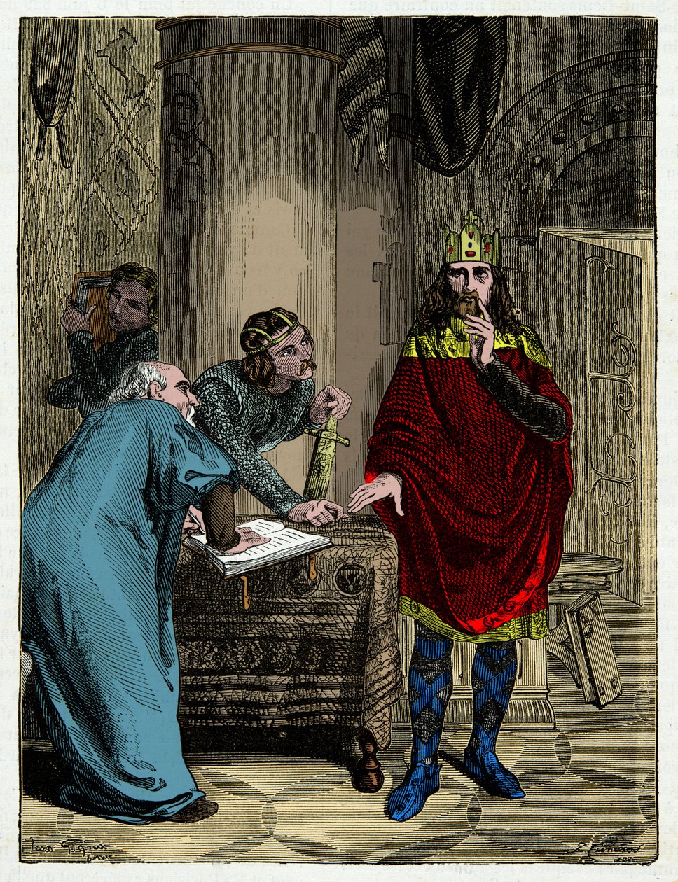 Karl den Store dikterer sine kapitularer til sin minister Alcuin (732-804), gravering 1800-tallet af Unknown artist