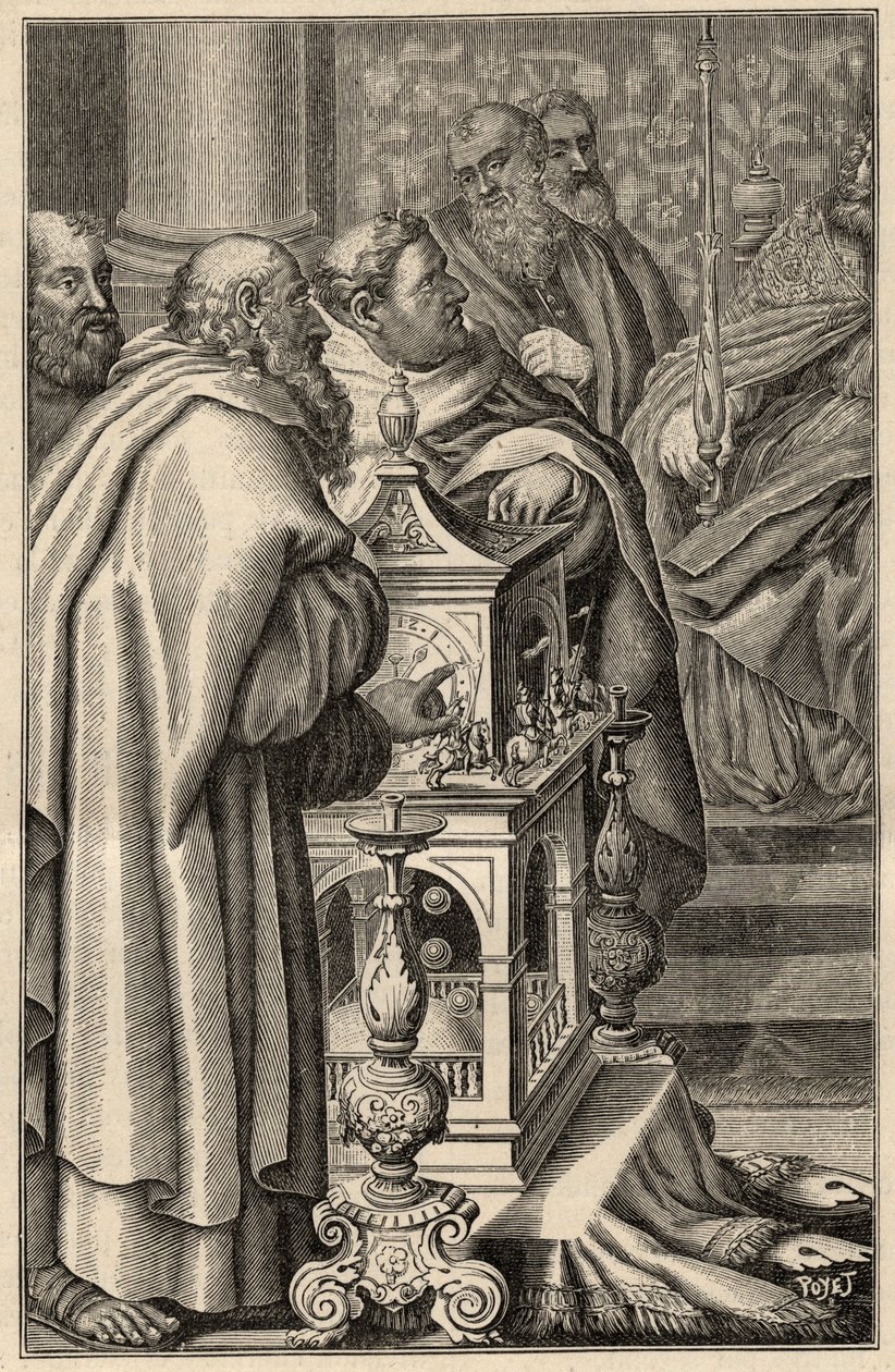 Karl den Store modtager en gave af et clepsydra (vandur) fra Harun al-Rashid - I 797 tilbyder kaliffen i Bagdad, Haroun ar-Rachid (765-809) Charlemagne et clepsydra (vandur, tidsmåling) emblematisk for den teknologiske viden- hvordan med arabisk civi af Unknown artist