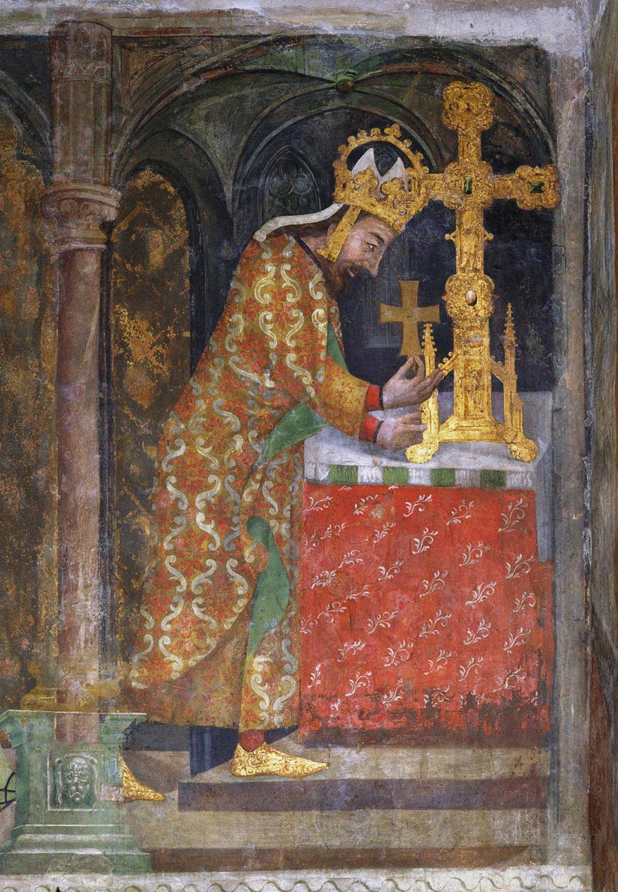 Charles IV af Luxembourg (1316-1378), romernes kejser, placerer et fragment af det hellige kors i et relikvieskrin - Karl IV placerer en splint af det hellige kors i et relikvieskrin - Anonym. Fresco, ca. 1360. Nationalgalleriet, Prag af Unknown artist