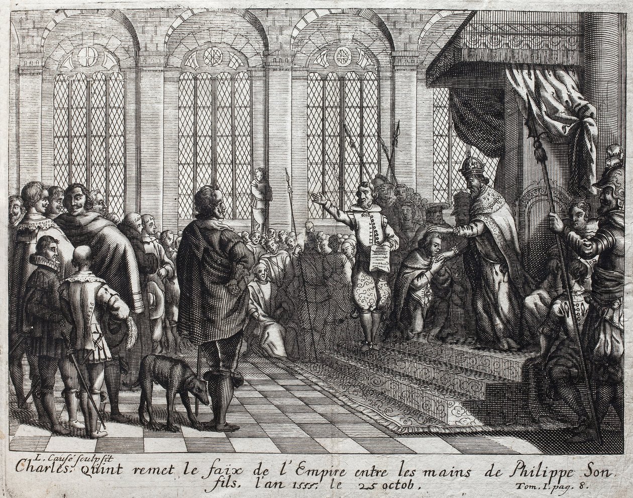 Karl V (1500-1558) overrakte imperiets faix til Philip II (Felipe) (1527-1598), hans søn, den 25. oktober af Unknown artist