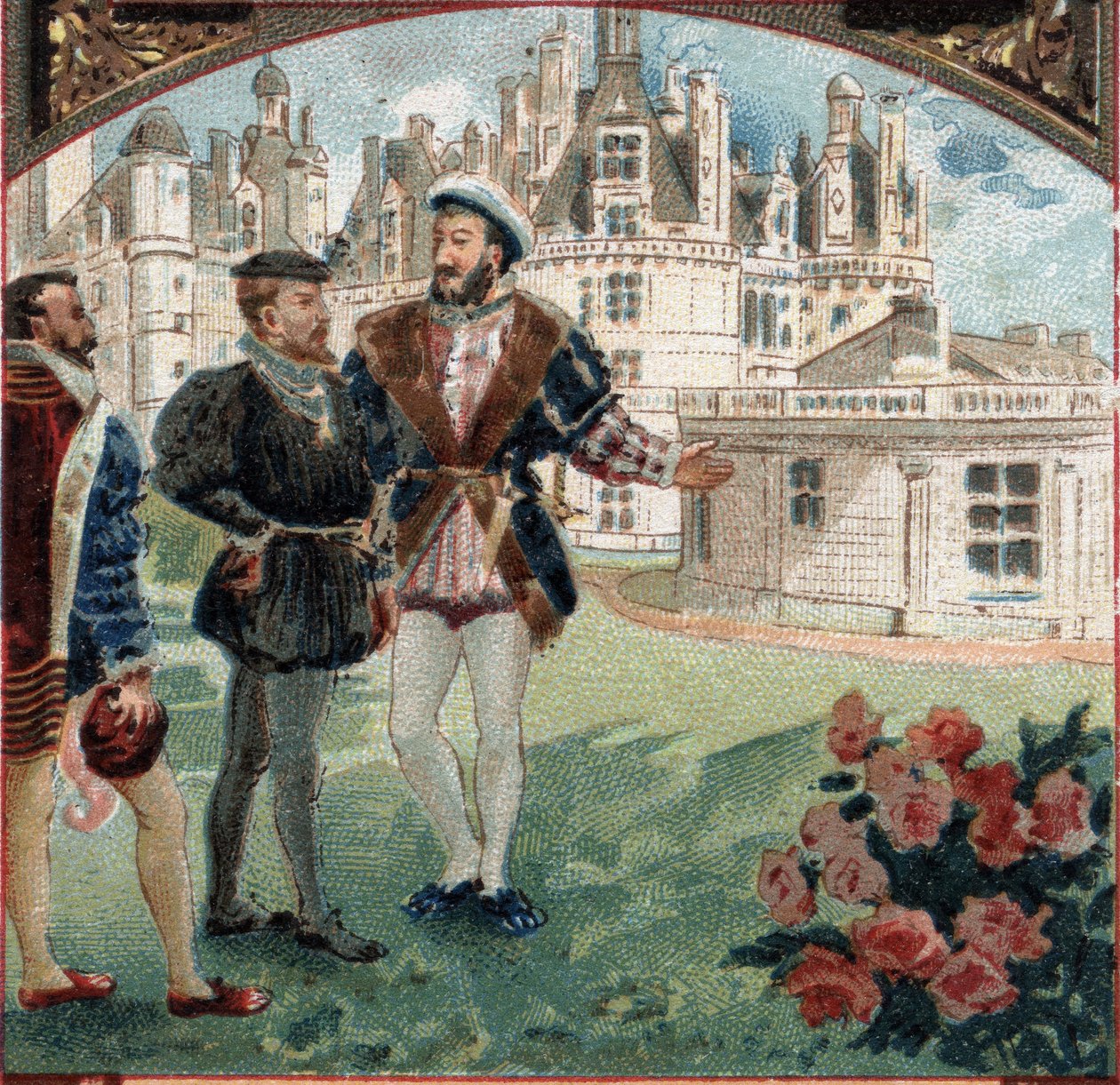 Charles V modtaget af Francois I på Chateau de Chambord. Kromolitografi i slutningen af det 19. århundrede af Unknown artist