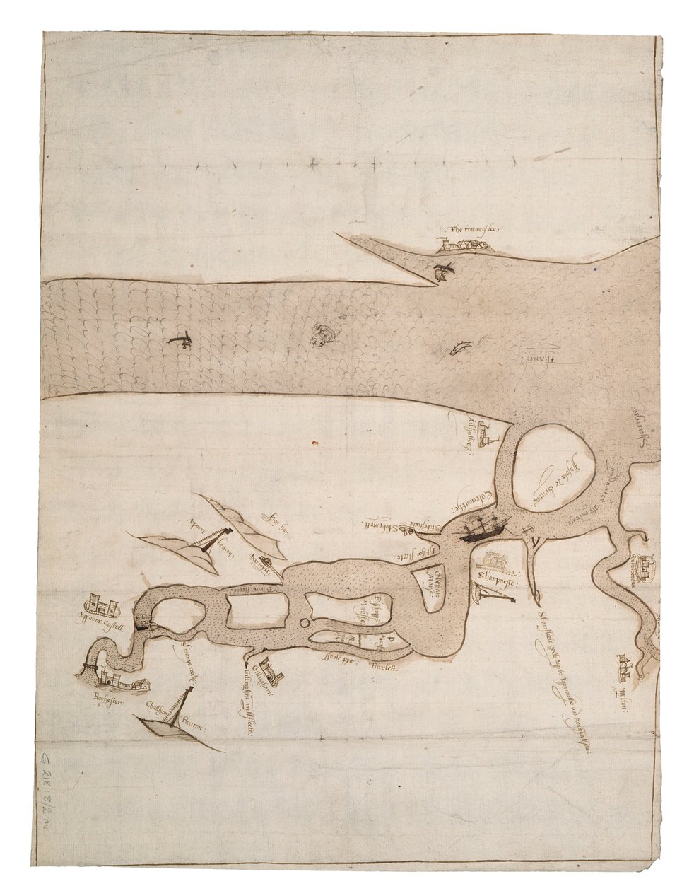 Kort over Medway-floden og en del af Themsen: nr. 24 Sheerness, ca. 1590 (blæk og lavering) af Unknown artist