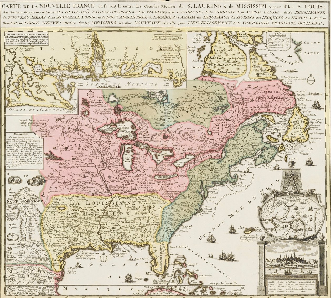 Kort over det sydlige USA med Mississippi-floden og Saint Louis, ca. 1720 (tryk) af Unknown artist