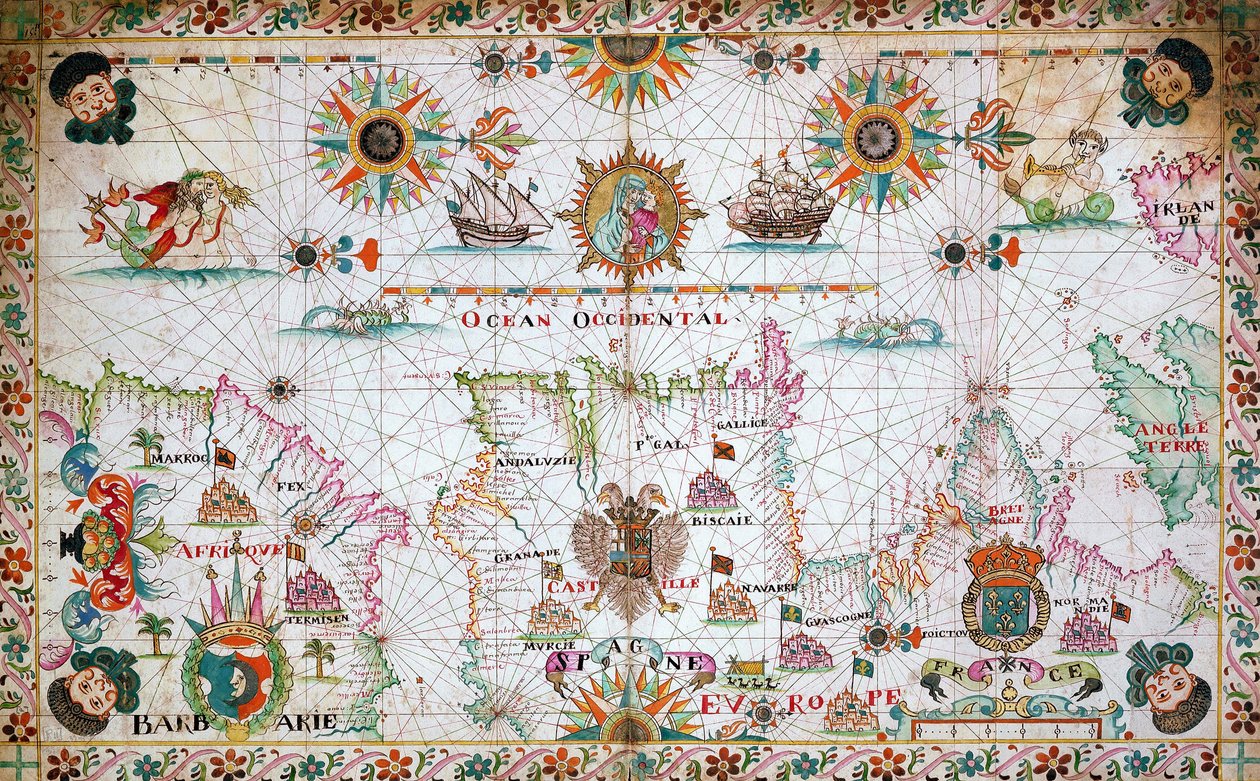 Kort over det vestlige Middelhav med de nordafrikanske og spanske kyster samt Atlanterhavet. af Unknown artist
