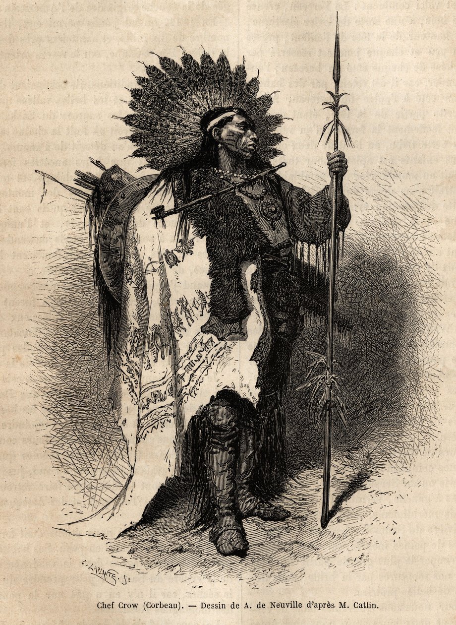 Chief Yellow Moccassin, af Crow Indian-stammen, der bor langs Lewis-floden. Gravering til illustration af en udflugt blandt indianerstammerne i bassinerne i Colombia og Upper Missouri, af G. Catlin, i 1855, udgivet i "" le tour du monde"", under af Unknown artist
