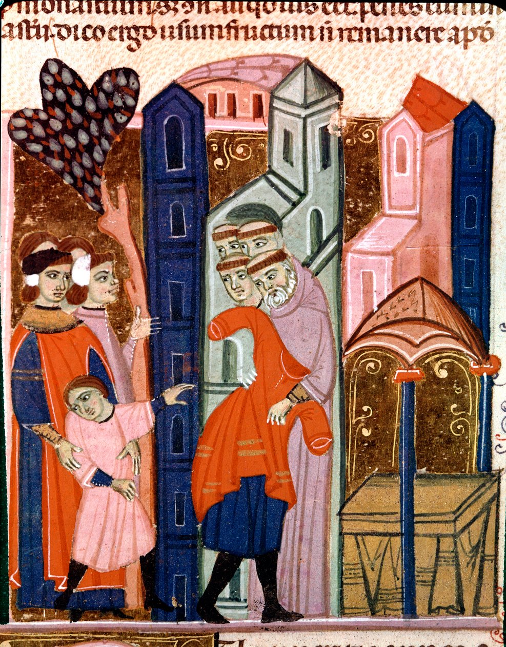 Børn er betroet til munkene til undervisning Miniature fra Justinian Code (Codex Justinianus), en samling af love og institutioner omdannet under den romerske kejser Justinian I af Byzans (483-565) af Unknown artist