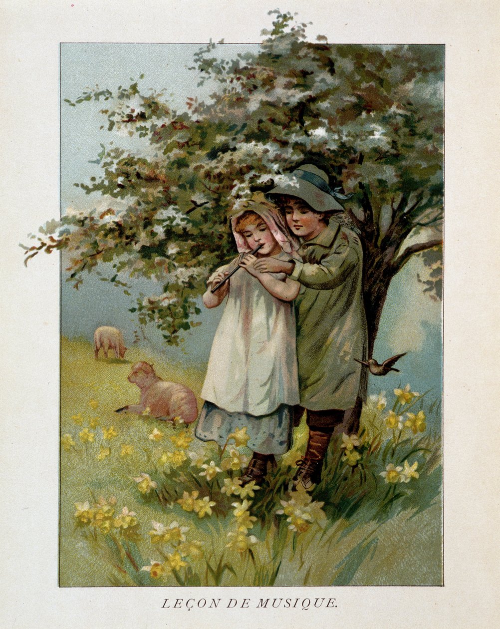Børn hyrder spiller musik i et blomstrende landskab, "" Music Lecon""". af Unknown artist
