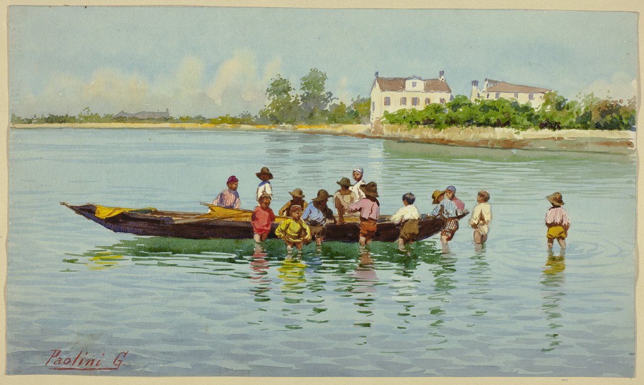 Børn med båd på den venetianske lagune af Unknown artist