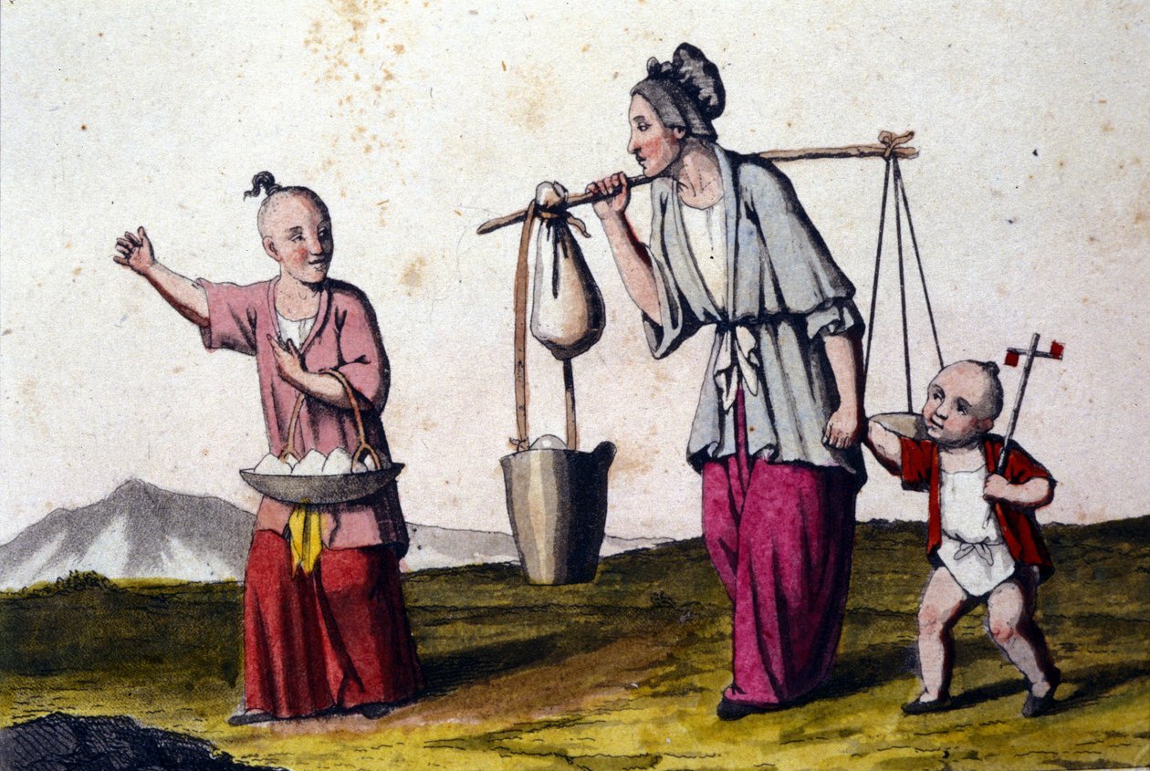 Kina. En kvinde bærer vand ledsaget af 2 børn, den store med en kurv med ris. Tryk af det 19. århundrede. af Unknown artist
