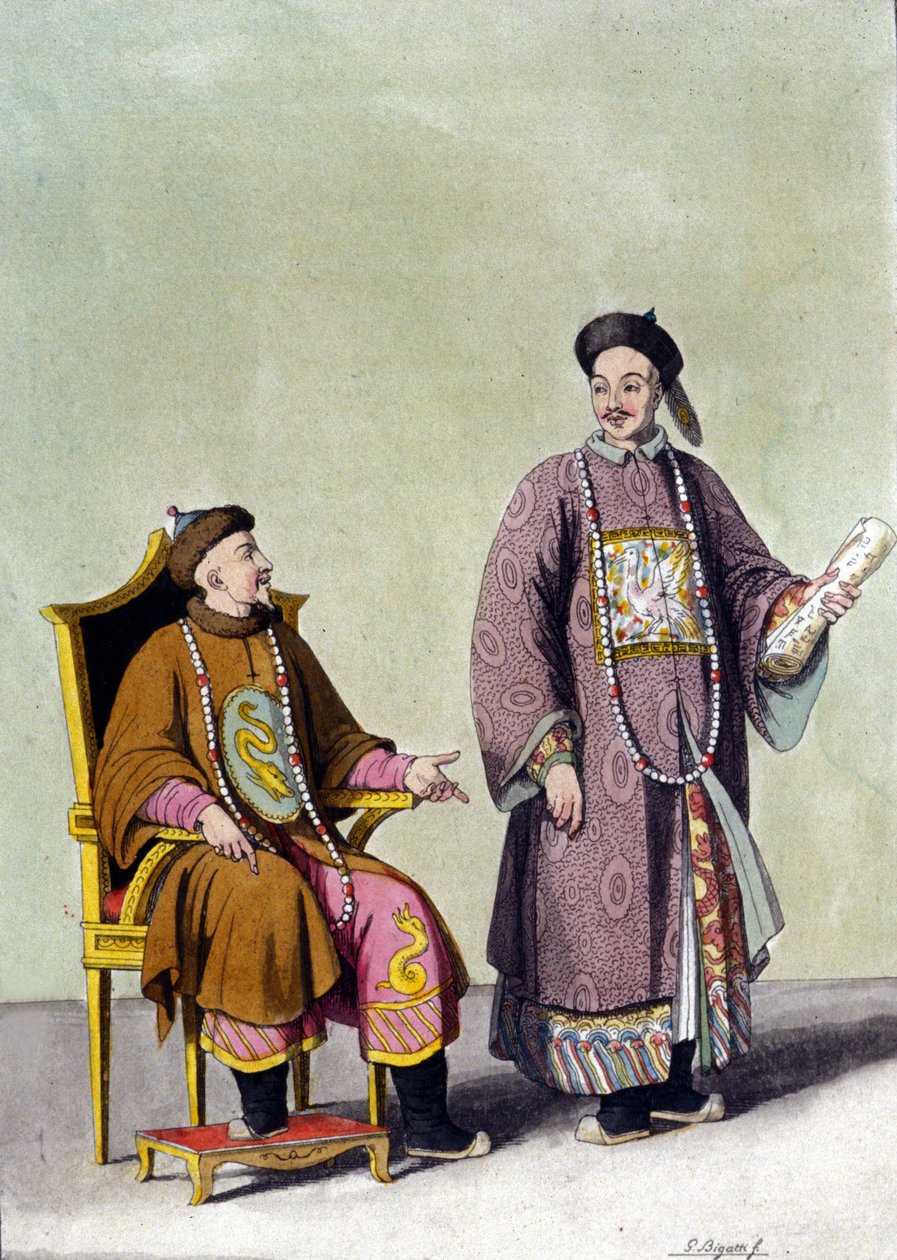Kinesisk tatarkejser med sin mandarin - i” Le costume ancien et moderne”” af J. Ferrario, red. Milano af Unknown artist