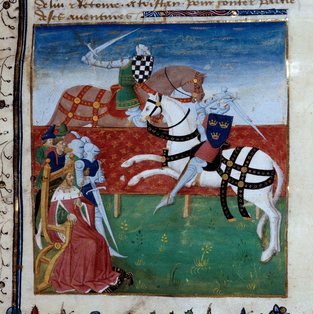 Ridderlig turnering mellem Tristan og Palamede. Miniature taget fra manuskriptet "The novel of Tristan"" med titlen til Master Charles of Maine af Unknown artist