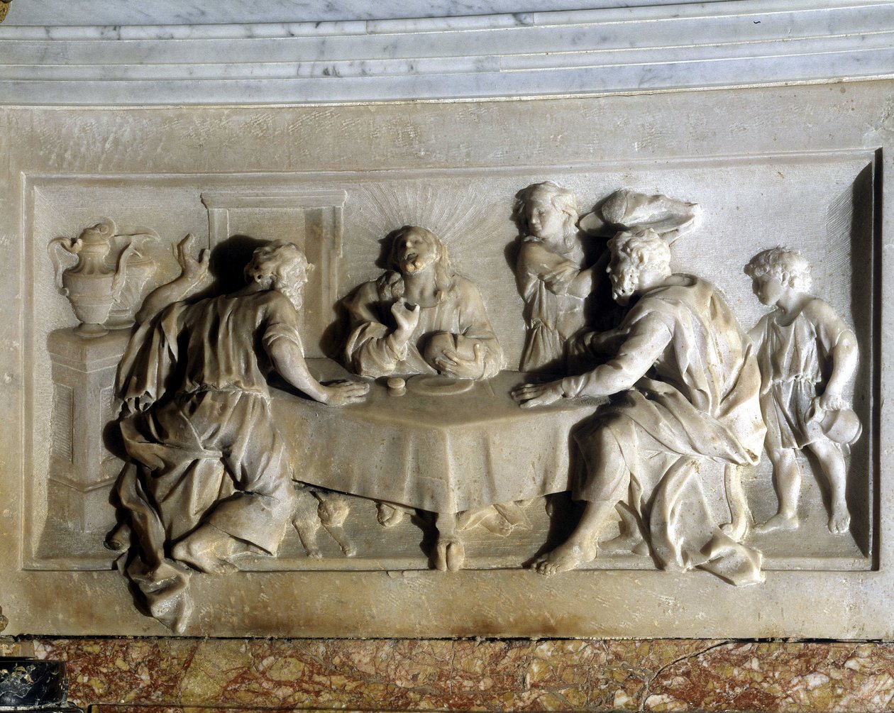 Kristus og Emmaus-pilgrimmene. Altertavle af Trets Kirke. af Unknown artist
