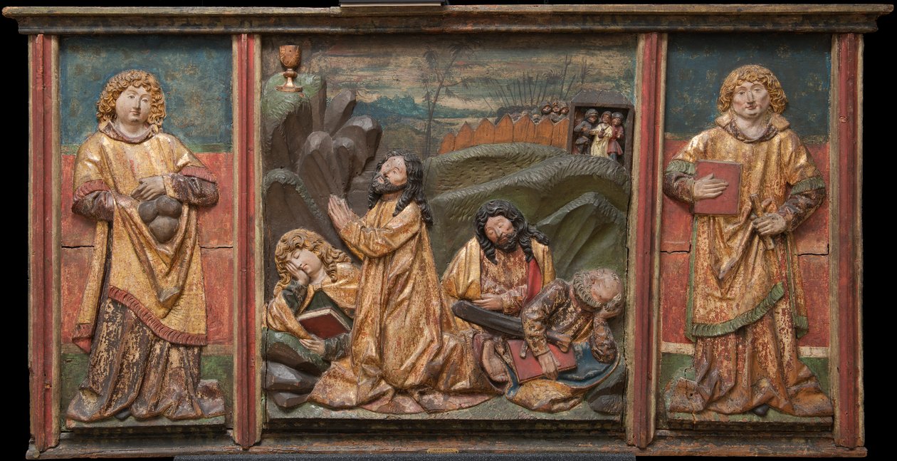 Kristus på Oliebjerget med tre apostle; De hellige Stephen og Lawrence af Unknown artist