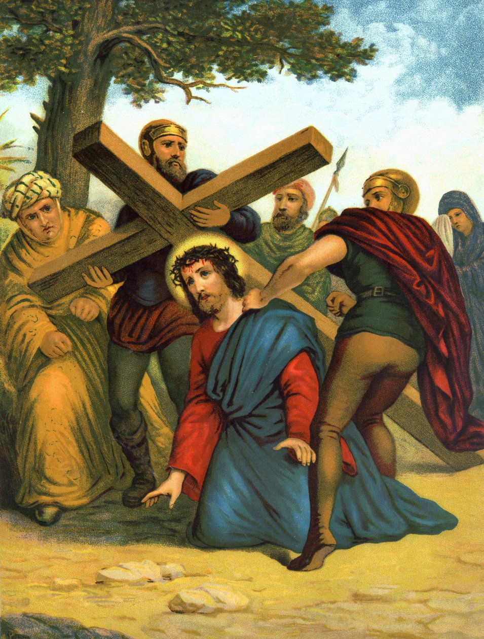 Kromolitografi fra slutningen af det 19. århundrede, der skildrer Kristi liv: Jesus falder først under korset. af Unknown artist