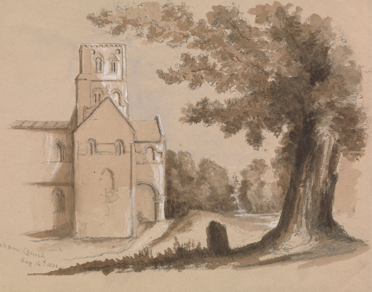 Kirke med træ og gravsten i forgrunden af Unknown artist