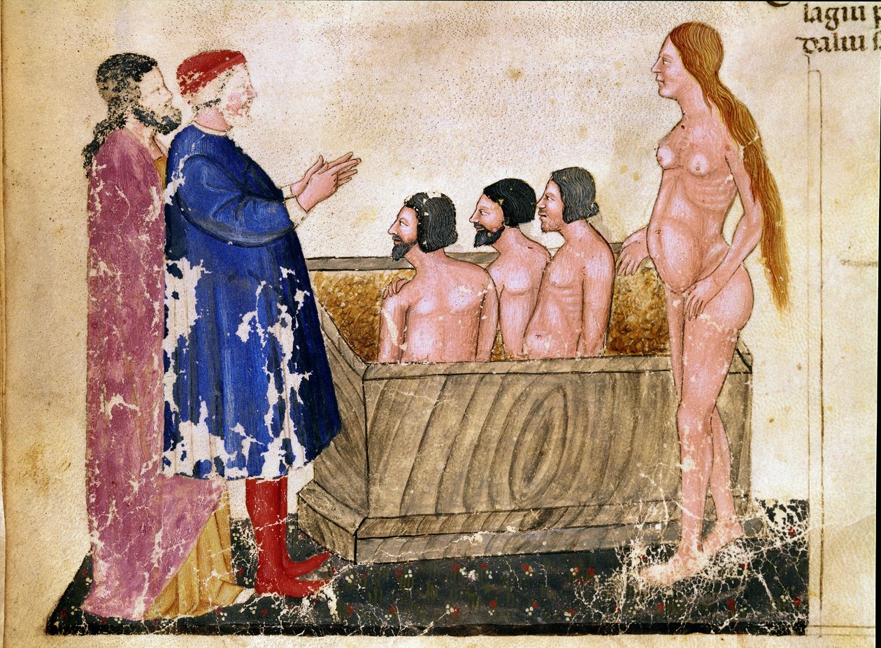 Circle of Adulators: Dante og Virgil møder Alessio Interminelli (eller Intermineii), Lord of Lucca og den prostituerede Thais. Oplyst side, der illustrerer den 18. helvedes sang fra "Divina Commedia" af Dante Alighieri (1265-1321). 1300-tallet, Venedig, af Unknown artist
