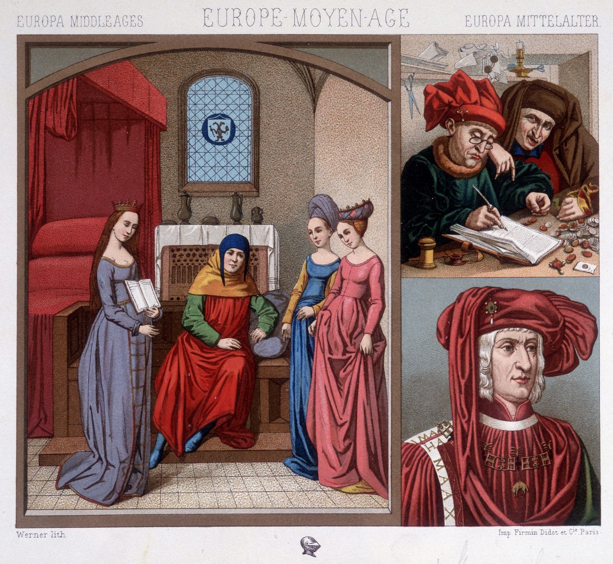 Civile dragter i middelalderen i det 15. århundrede. Øverst til højre: Valutavekslere i Antwerpen. Nederst til højre: portræt af Maximilian af Østrig (1459-1519) efter Quentin Metzys. I “Den historiske kostume” af A. Raquet af Unknown artist