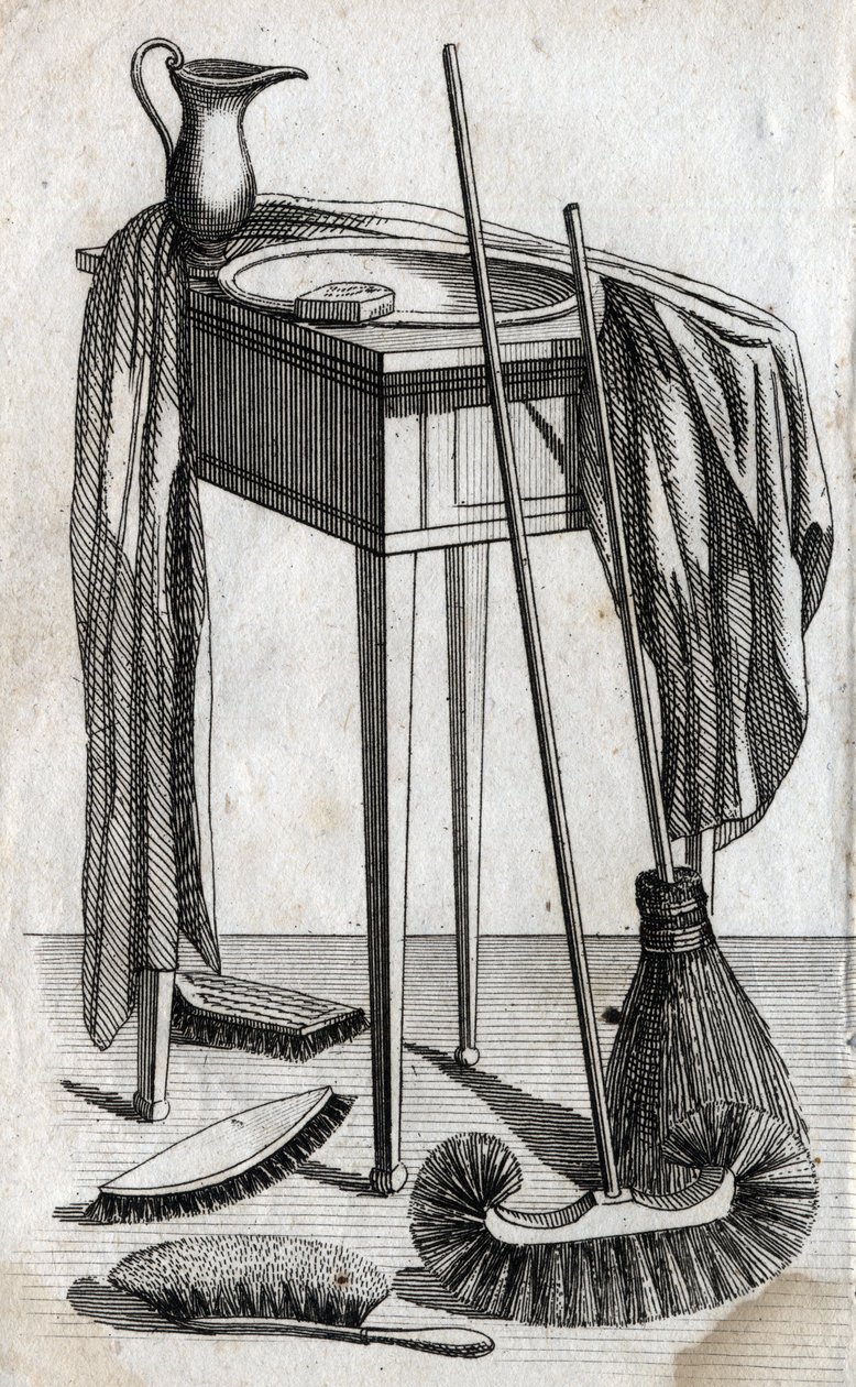 Tilbehør til rengøring og rengøring: sæbe, håndvask, kost og børster. Slutgravering af 1700-tallet. Privat samling. af Unknown artist