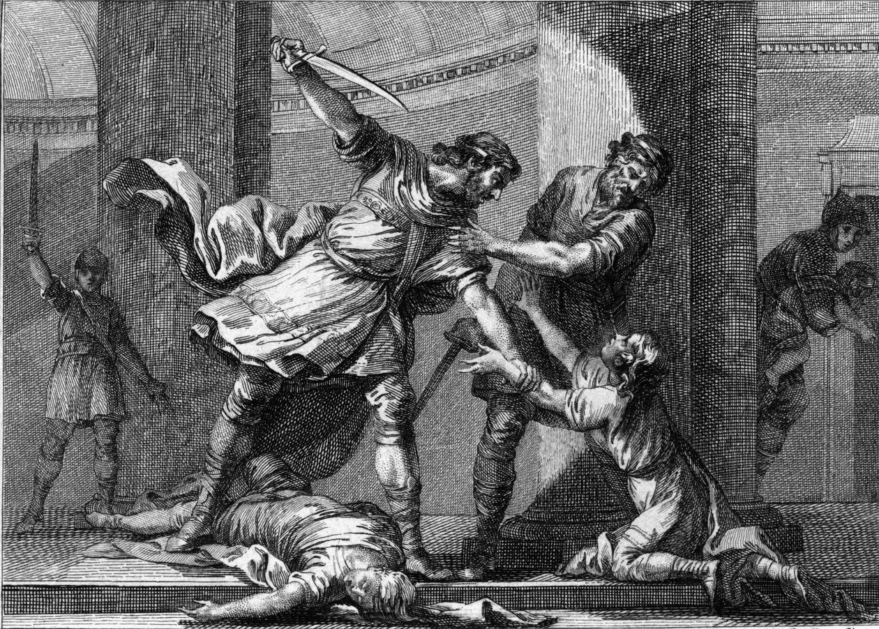 Clotaire (Clothaire) I (v.497-561) og Childebert I, de frankiske konger, myrdede to sønner af deres bror Clodomir (495-524). Stik af det 18. århundrede. af Unknown artist