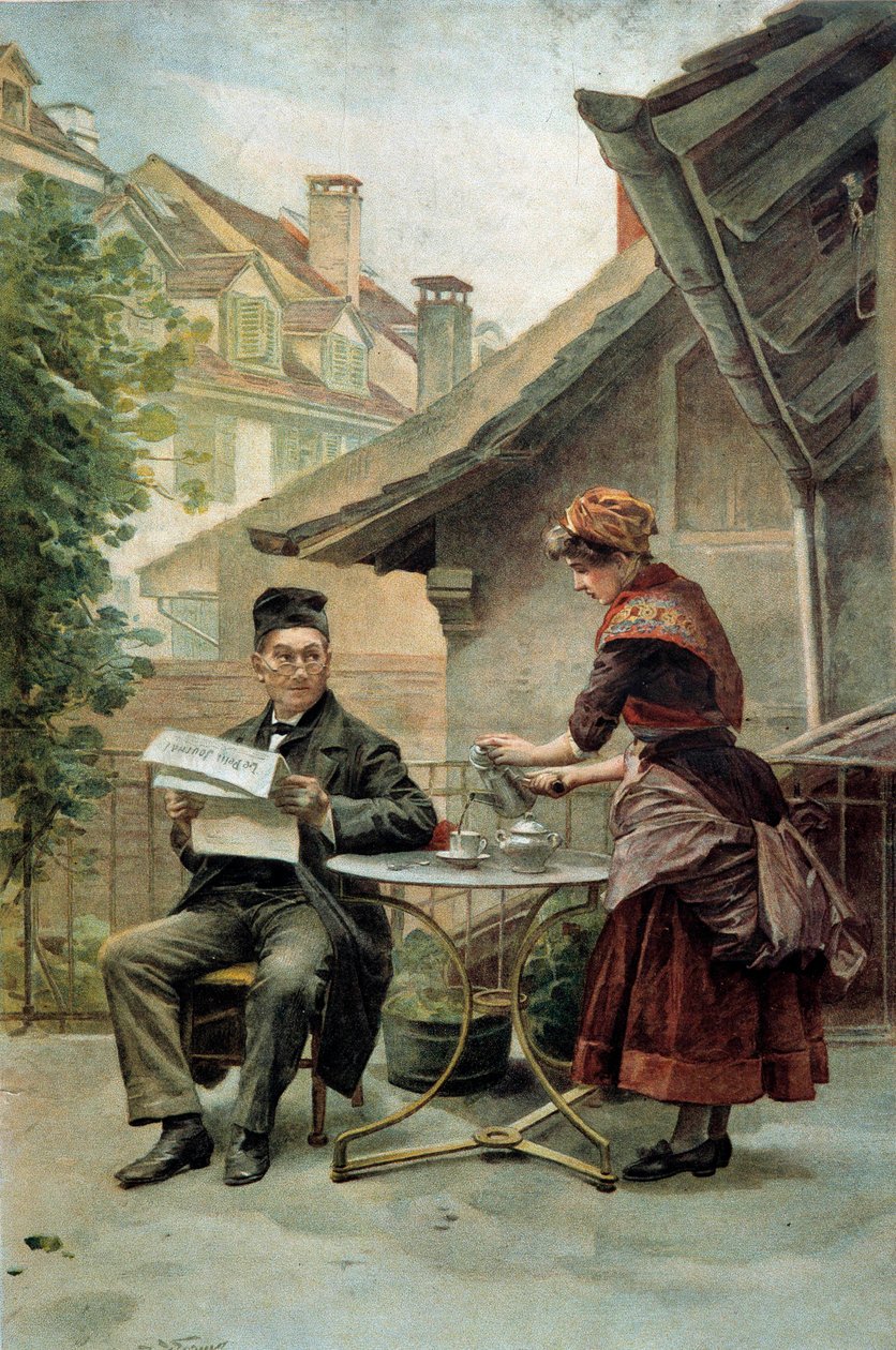 Kaffetime: en gammel mand, der sidder ved et bord og læser "den lille avis", bliver serveret af en tjener. Akvarel af det 19. århundrede. Paris, dekorativ kunst af Unknown artist