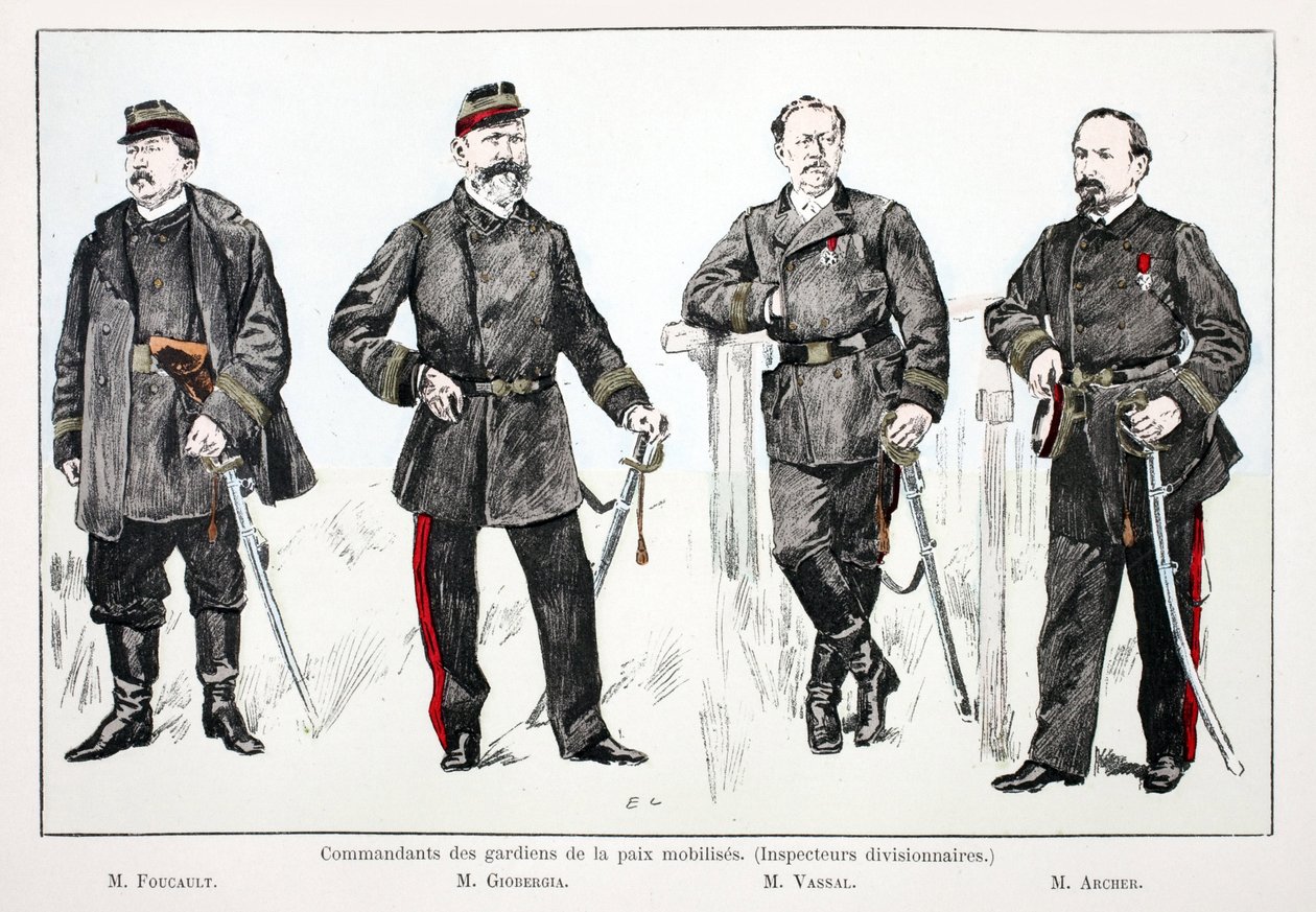 Kommandører for de mobiliserede fredsbevarende styrker (divisionsinspektører), fra venstre mod højre: Mr. Foucault, Mr. Giobergia, Mr. Vassal, Mr. Archer. Farveætsning, til illustration "History of the Corps of Peacekeepers"" bog udgivet i regi af Unknown artist