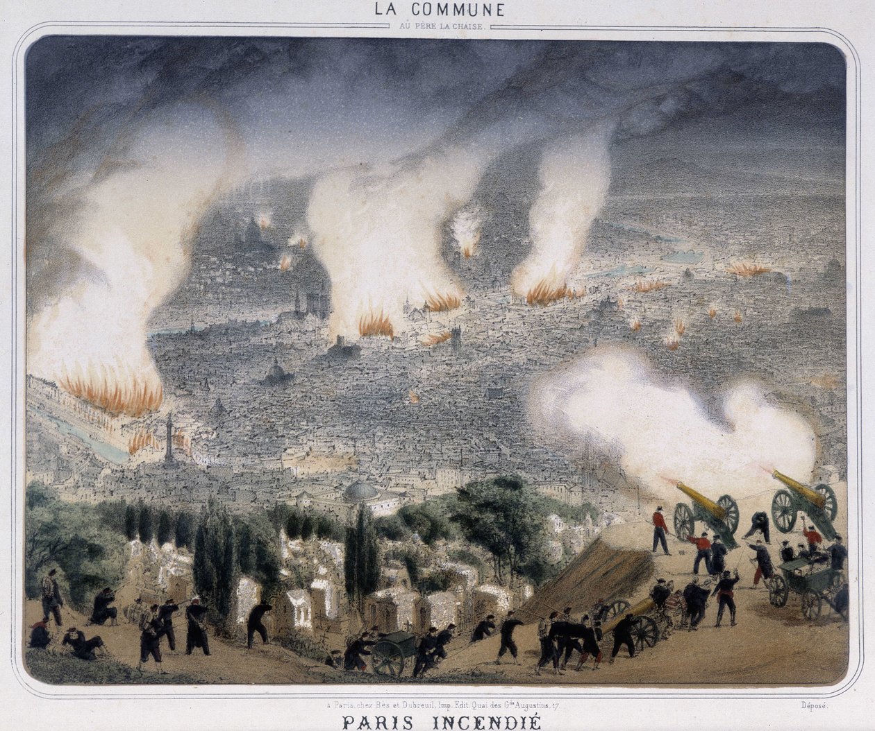 Kommune i Paris: Paris brand. Kommunarder affyrer kanoner mod Paris. 1871. af Unknown artist