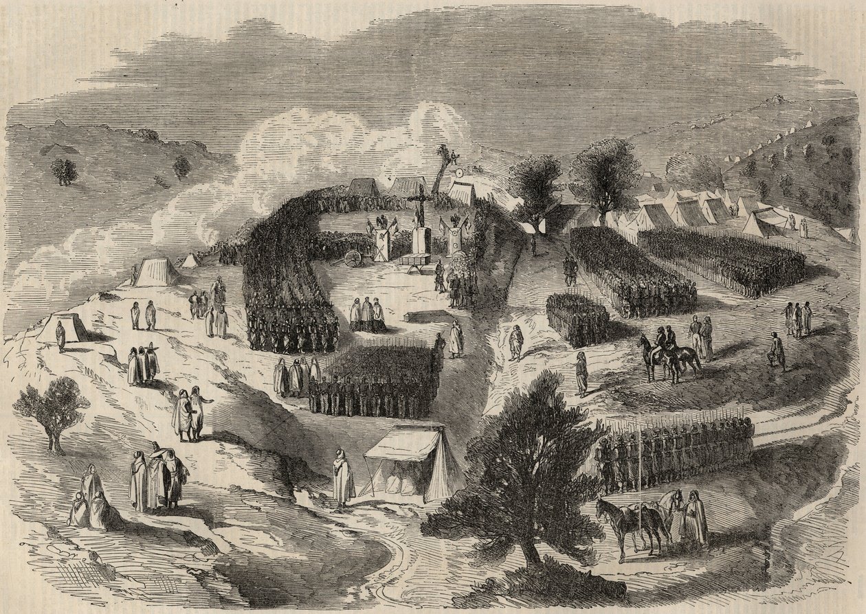 Conquete de Algerie: Ekspedition til Great Kabylien i 1857, der lægger den første sten af Fort Napoleon i Souk-el-Arba (Souk el Arba). Stik i “Le Monde illustrious”” fra 1857. Privat samling. af Unknown artist