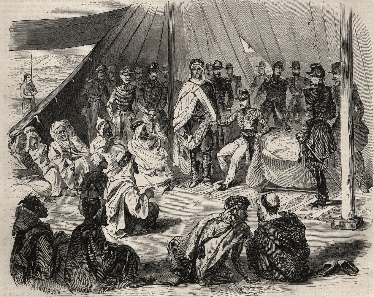 Erobring af Algeriet: ekspedition til Great Kabylien i 1857. Indsendelse af den kabyliske stamme Beni-Raten (Beni Raten) af den franske hær. Stik i “Le Monde illustrious”” fra 1857. Privat samling. af Unknown artist