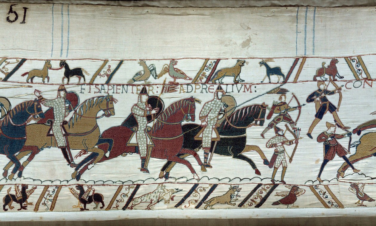 Englands erobring af hertugen af Normandiet Vilhelm Erobreren (1027-1087) i 1066: begyndelsen af slaget ved Hastings. Detalje af Bayeux-tapet eller broderi af dronning Mathilde af Unknown artist