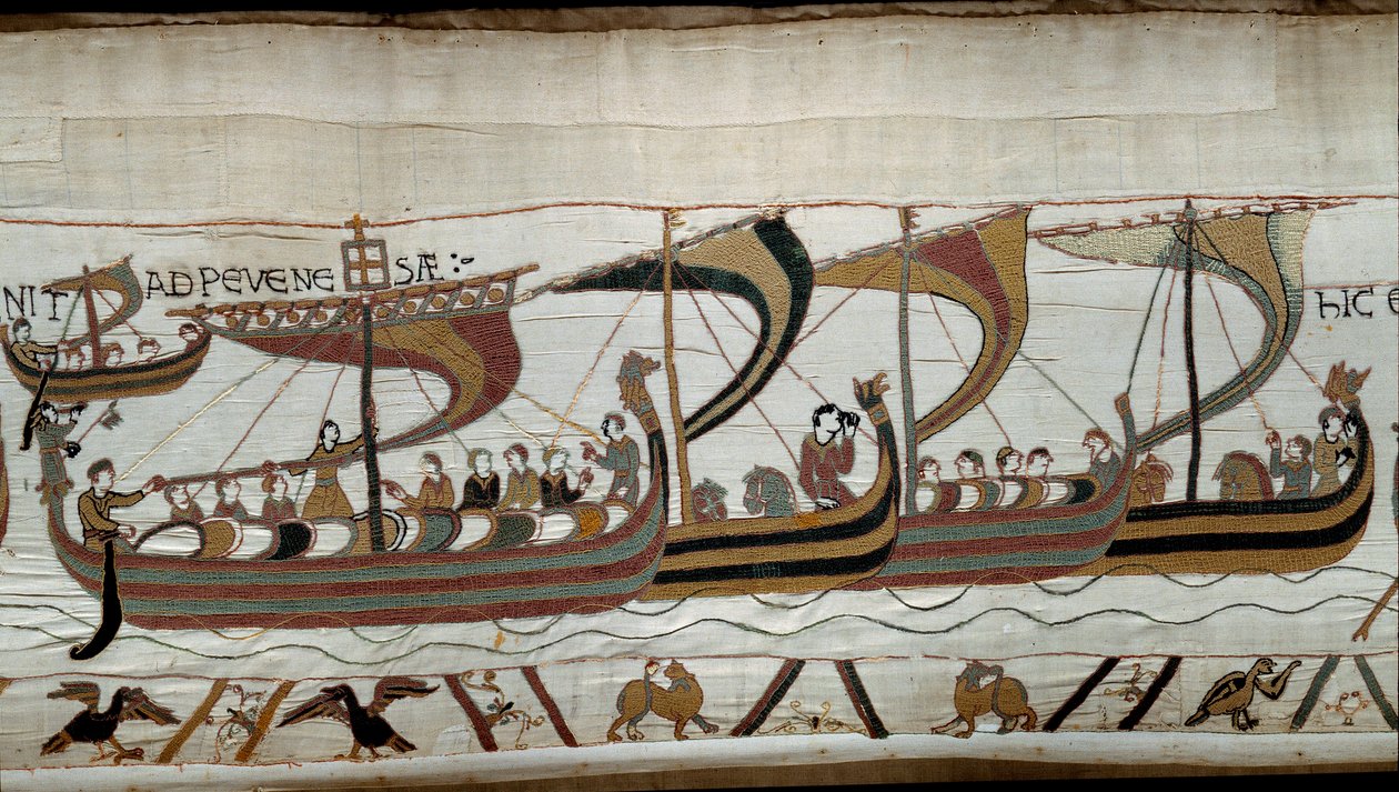 Erobring af England af den normanniske hertug Vilhelm Erobreren (1027-1087) i 1066: den normanniske flåde nærmer sig den engelske kyst ved Pevensey Detalje af Bayeux-tapetet eller broderi af dronning Mathilde af Unknown artist