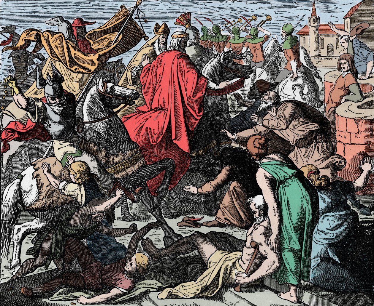 Conrad I den Yngre fortsætter til kroning - Conrad I af Germanien (død 918) blev kronkonge af Vestfrankrig i 911 - Træsnit af Carl Ferdinand Obermann (1823-1910), af Unknown artist