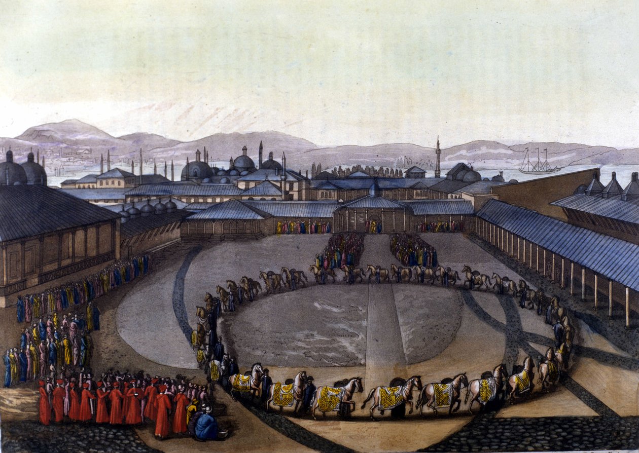 Konstantinopel: Lykkelighedens port. Denne dør giver adgang til det indre af paladset, hvor sultanen bor med sin familie og damerne i sit Harem. I "" Le costume ancien et moderne"" af Unknown artist