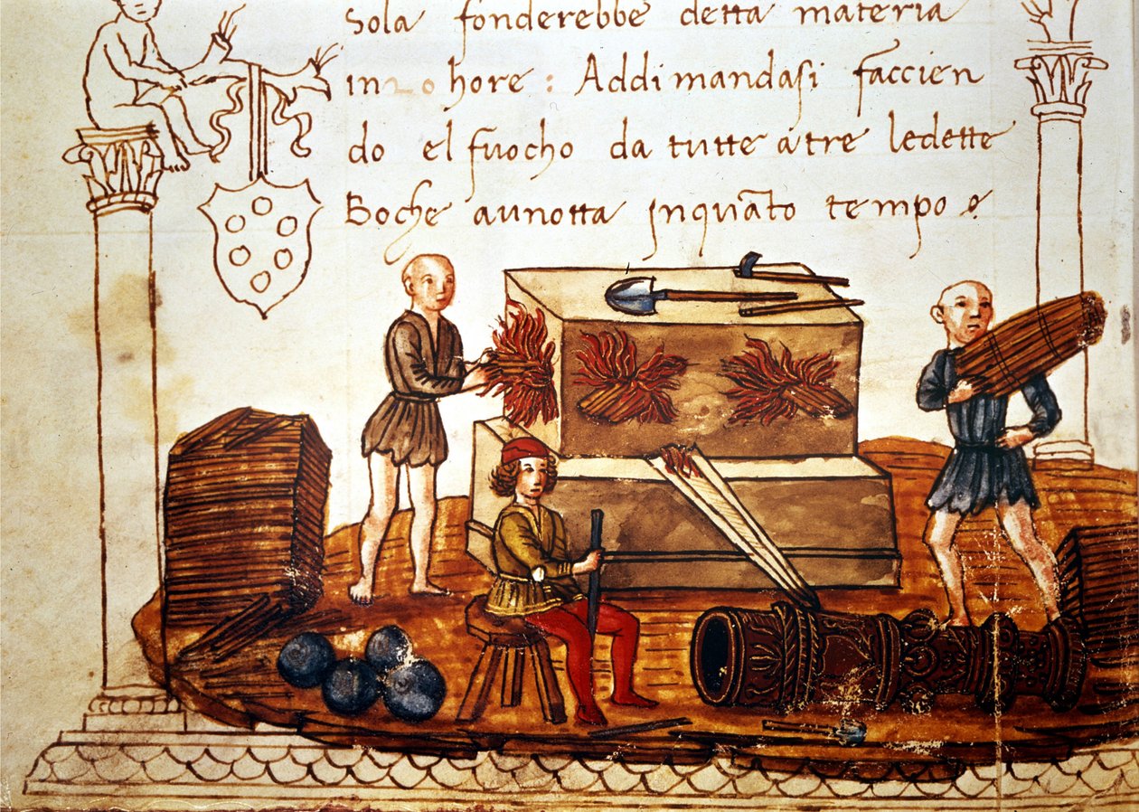 Konstruktion af en bombe (morter) i det 15. århundrede. Fra bogen om matematik af Giuliano de 